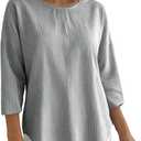 Women's 2026 Summer 3/4 Sleeve Tops Casual Striped T Shirts Crewneck Loose Office Work Shirts Cotton Blouses (Gray, XL)