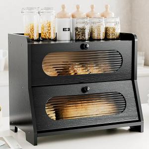 Stylstoreazy Bread Box for Kitchen Countertop, Double Layer Large Capacity Bamboo Bread Storage Container with Acrylic Wavy Door Panel for Kitchen Counter, Cabinet, Pantry(Black)