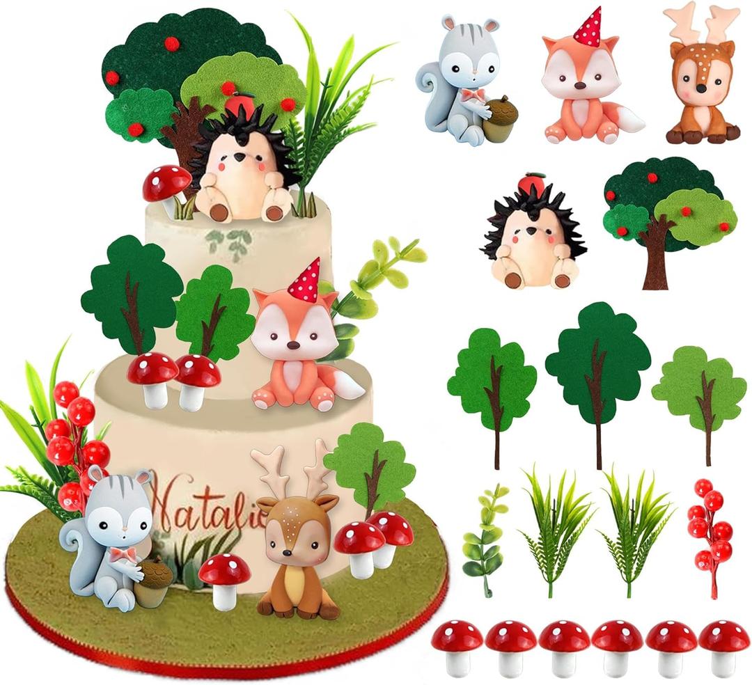 Woodland Animals Cake Topper with Fox Squirrel Hedgehog Sika Deer Mushroom for Woodland Birthday Supplies (Woodland Animals)