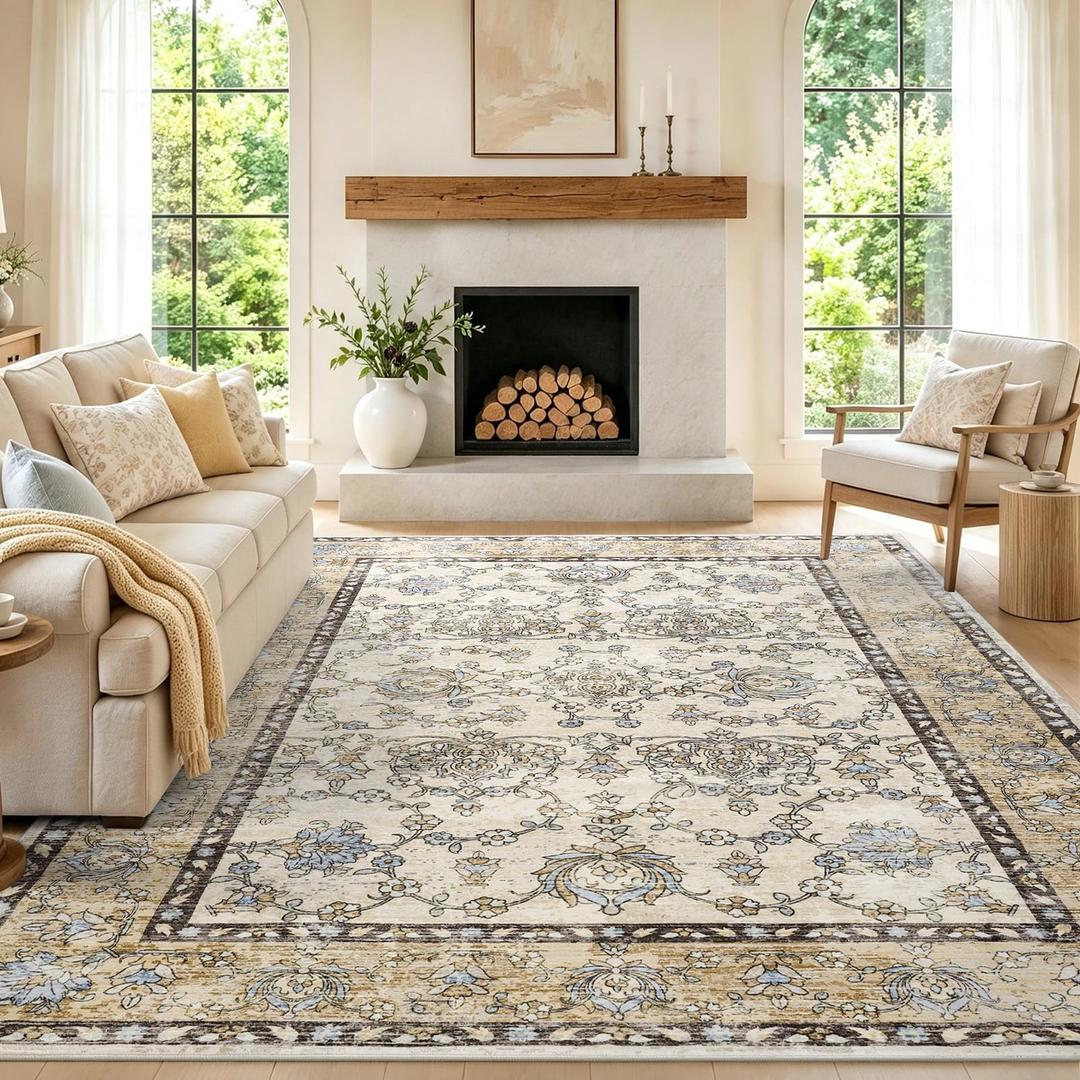 Litopyo 9x12 Washable Non-Slip Area Rug for Living Room(Beige Camel)