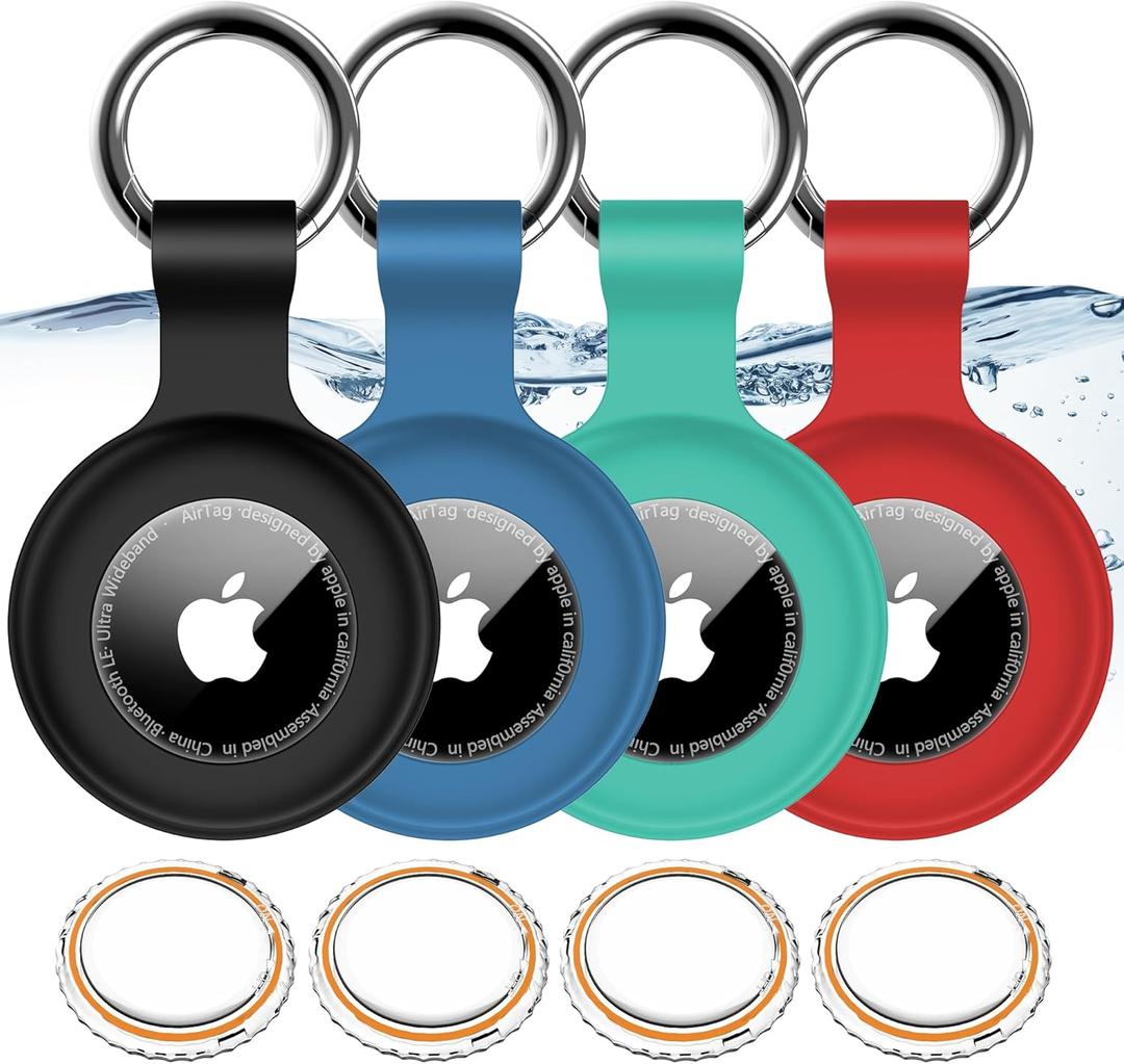 4 Pack, IPX8 Waterproof AirTag Holder for Apple AirTags with AirTag Keychain, Shockproof GPS Cover [Anti-Scratch] [PC+Silicone] AirTag Item Finders Case for Pets, Kids, Luggage - Black/Blue/Green/Red (A0-Black+Blue+Green+Red)