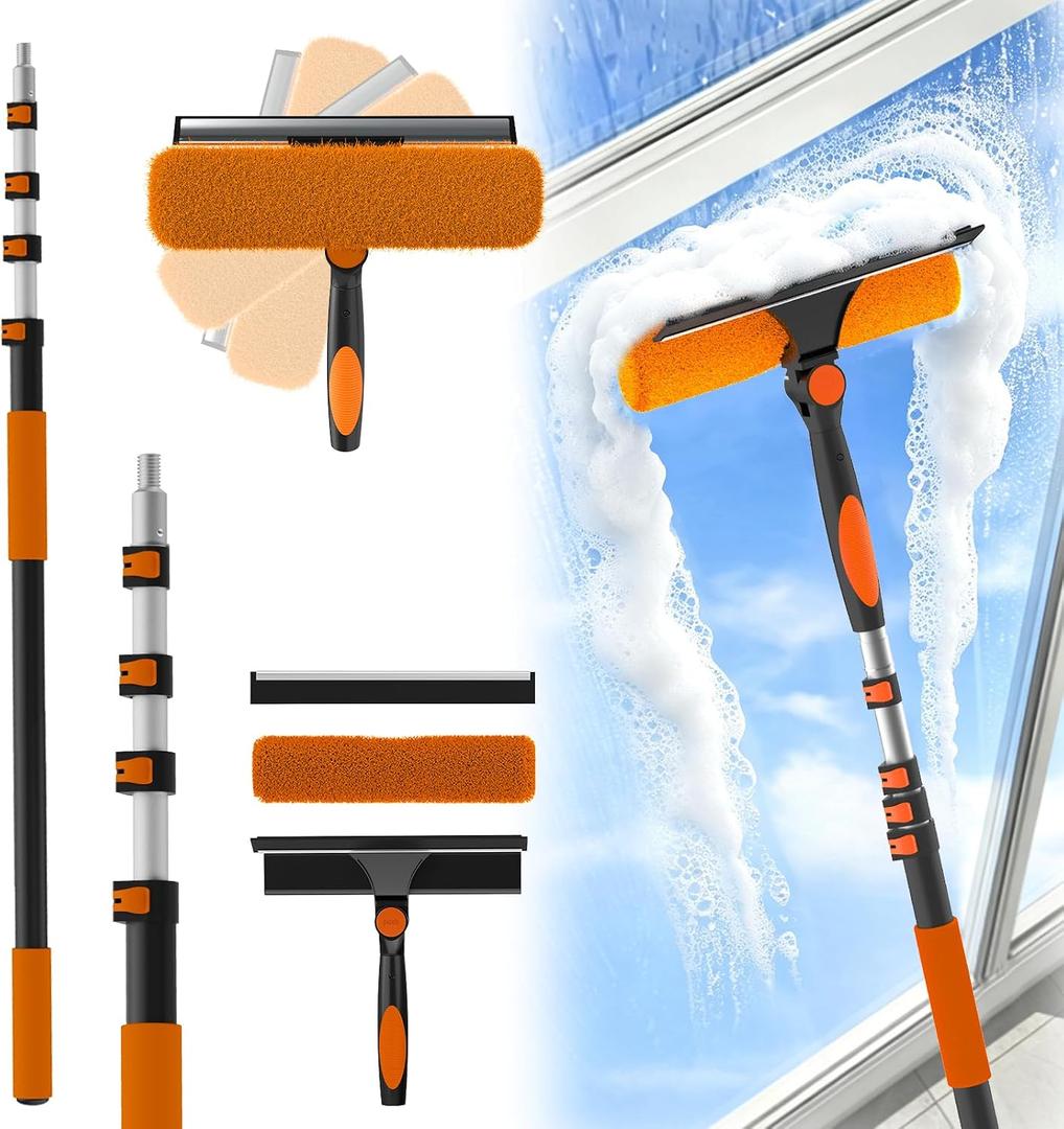 16FT Reach Window Squeegee Kit with Extension Pole, 2-in-1 Professional Washer for High Windows, 3-12FT Adjustable Reach, Rotatable Head for Indoor & Outdoor Use, Streak-Free Cleaning Tool for Home