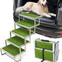 Veehoo Dog Stairs for Car, Aluminum Folding Dog Steps for Truck and SUV, Portable Car Ramp for Large Dogs with Non-Slip Artificial Grass Surface, Supports Up to 200 Lb, 5 Steps