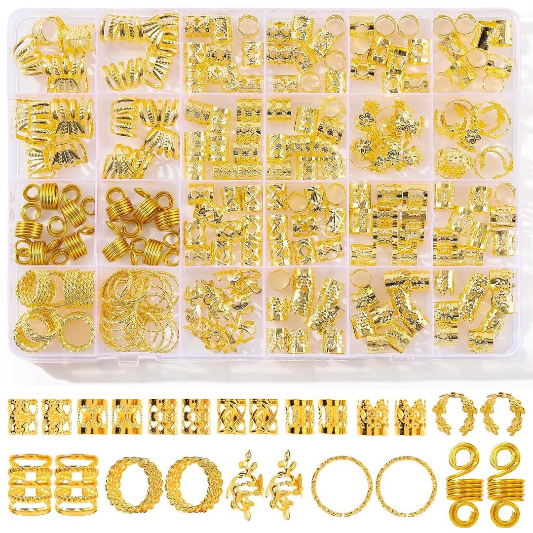 220Pcs Gold Hair Jewelry for Braids, 12 Styles Gold Hair Accessories Cuff for Braids and Dreadlocks, Adjustable Metal Rings Cuffs Clips for Dreadlock Accessory Jewelry Decorations