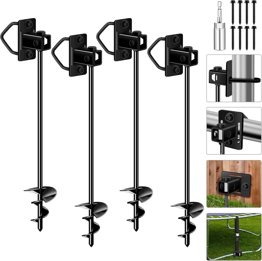Heavy Duty Ground Anchors Screw-in, Multi-Purpose Trampoline Stakes, 3" Wider Spiral Mobile Home Anchors Hurricane Earth Anchor for Trampoline, Storage Shed, Swing Sets, Carports(13"-4pcs) (Black-13"-4pcs)