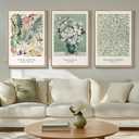Framed Large Matisse Wall Art for Living Room, 3 Piece Vintage Sage Green Canvas Artwork for Walls, Botanical Floral Prints for Bedroom, Hallway, Home Office Decor, Total Size 30x60 Inches