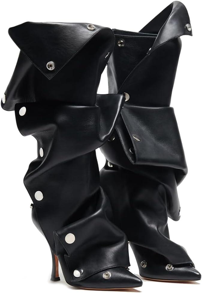 VOMIRA Women's Knee High Boots Stiletto Boots Pointed Toe High Heels Wide Calf Ruched Slouchy Boots Detachable Snap-off Panel Mid Calf Boots Black Boots (7)