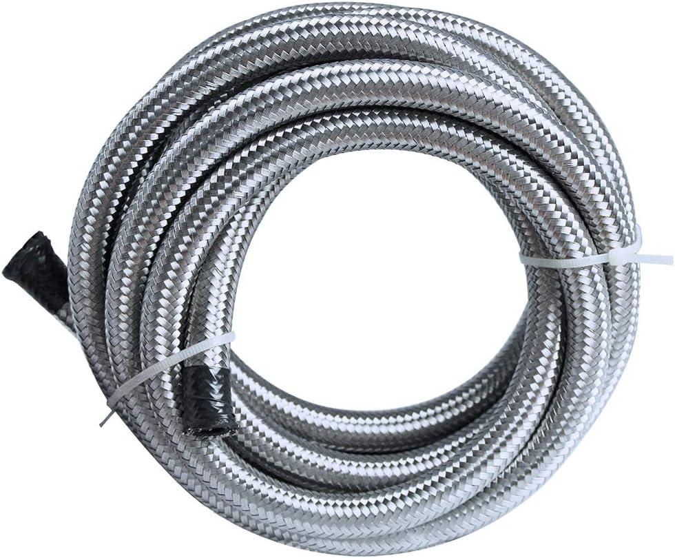 10FT 6AN Fuel Line Hose AN6 Stainless Steel Braided Universal CPE Tube Oil Fuel Gas Hose (Silver)