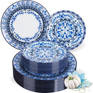 Hioasis 60pcs Blue Plastic Plates Set - Floral Blue & White Porcelain Design, 10.25" Dinner & 7.5" Dessert Plates Disposable for Wedding/Party (Dishwasher Safe, Traditional Style)