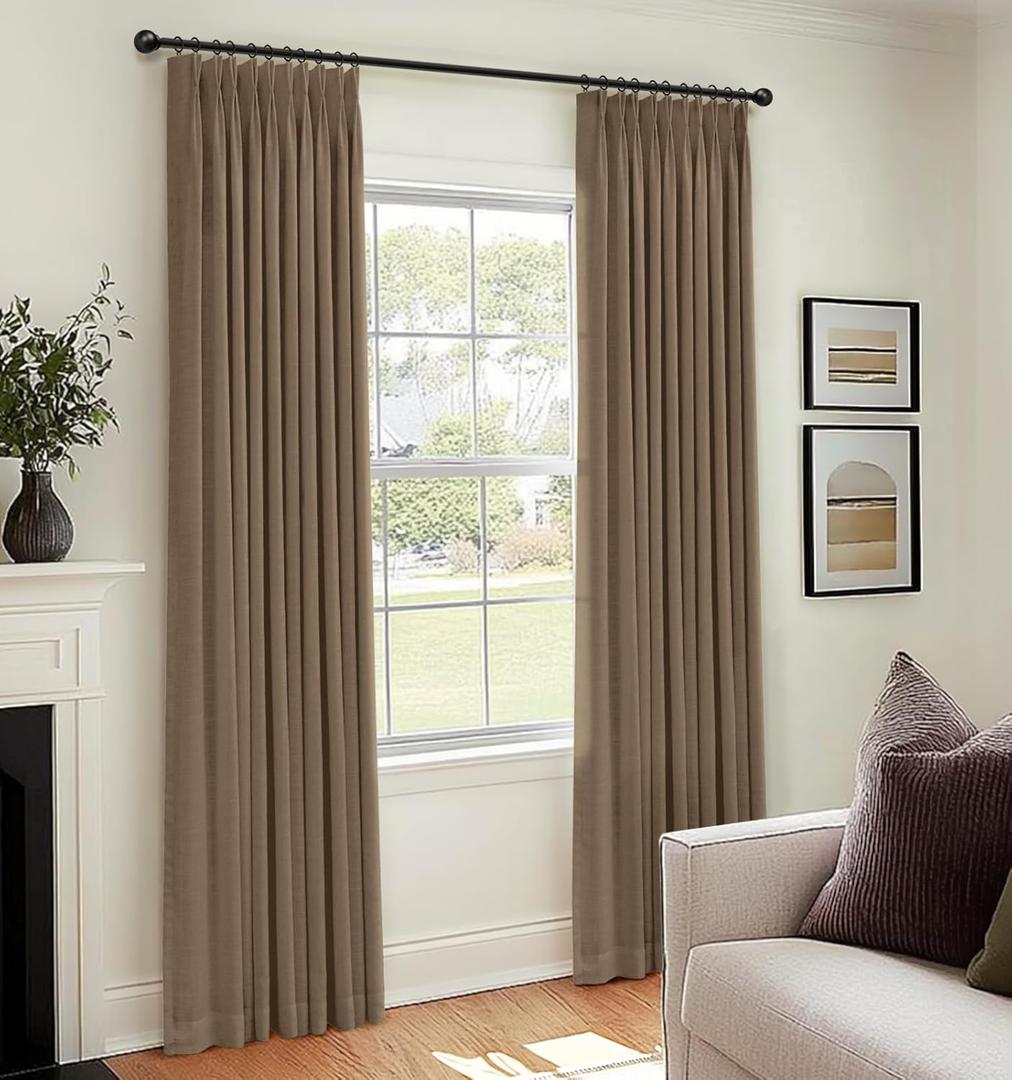 100% Blackout Shield Linen Pinch Pleated Curtains Blackout, Curtains 108 Inches Long 2 Panel Set for Bedroom/Living Room, Pinch Pleat Drapes with Hooks, 40 W x 108 L, Linen Brown