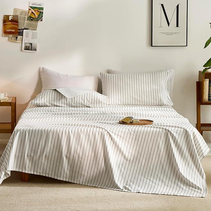 JELLYMONI 100% Cotton Bed Sheets Set – Thin Gray and White Vertical Stripes, Full Size, Soft Bedding with Deep Pocket Fitted Sheet, Flat Sheet & Pillowcases