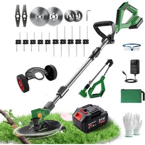 Cordless String Trimmer, 21V Electric Weed Wacker with Wheels | 4 in 1 2600mAh Battery Powered Weed Eater with 4 Type Replacement Blades for Garden, Lawn and Yard Care