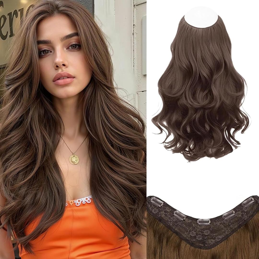 Clip in Hair Extension One Piece 160g, 20 Inch Light Brown Long Wavy Synthetic Hair with 5 Clips, Full Volume Soft Natural Look Clip in Hairpiece for Women.