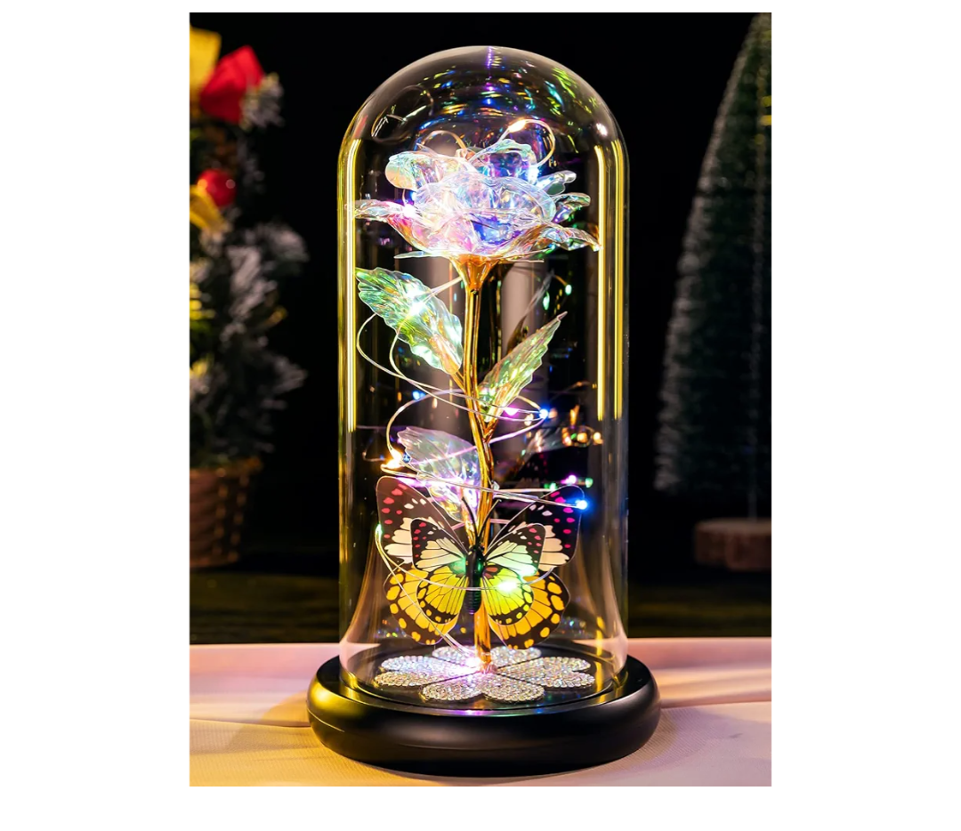 Valentines Day Rose Gifts for Her Birthday Gift for Women Galaxy Glass Rose in Glass Dome Forever Eternal Crystal Roses with Butterfly Valentines Day Gifts for Daughter Mom Wife Girlfriend Colorful