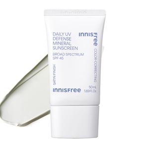 innisfree Daily Mineral UV Defense SPF 45 Face Sunscreen with Green Tint, Hyaluronic Acid, Korean Skincare, Color Correcting Formula