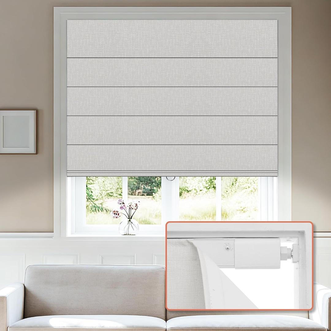 No Tools No Drill Roman Shades, Cordless Blackout Roman Blinds for Windows, Room Darkening Window Shades, Smooth Push & Pull, Easy to Install, White, 35" W  64" H