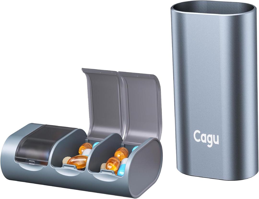 3 Compartment Aluminum Pill Organizer, Pop-up Design, Moisture Proof Travel Case, Arthritis Friendly (Gray)