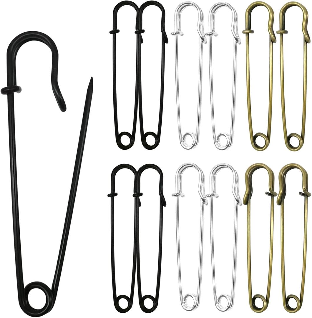 Safety Pins (Upgraded), 3" Large Safety Pins Pack of 30 for Clothes Leather Canvas Blankets Crafts Skirts Kilts, Extra Large Safety Pin Heavy Duty Safety Pins (Black, Silver, Bronze) (Mix Color)