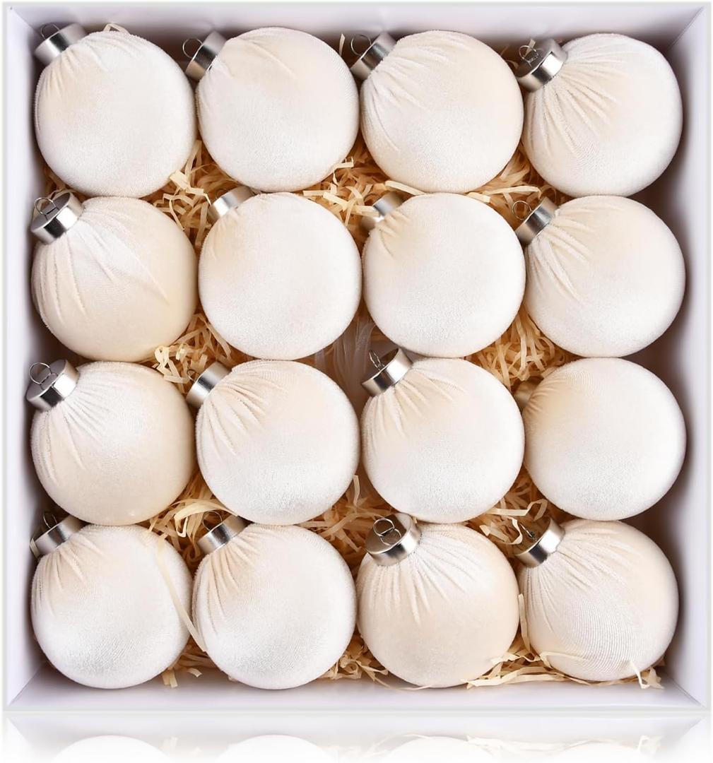 Velvet Ornaments for Christmas Tree Decorations - Beige Christmas Ball Ornament for Indoor Holiday Decor - Shatterproof Xmas Bulbs Ornaments 80mm 3.15inch - Pack of 16