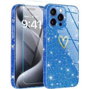 Qviskteme for iPhone 15 Pro Case for Women Cute,Clear Glitter with [1 x Tempered Glass Screen Protector] Slim Phone Cases Shockproof Bumper Protective Soft Silicone Thin Cover Case 6.1" Blue Titanium