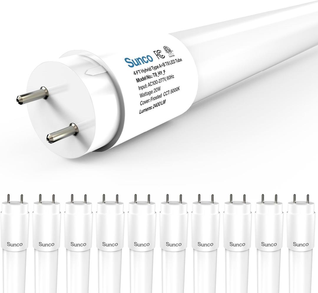 Sunco 10 Pack T8 LED Bulbs 4 Foot, 48 Inch Tube Light Bulbs Fluorescent Replacement, Single or Double Ended Hybrid Type A+B, 2400 LM, 20W, 5000K Daylight, Frosted Lens ETL
