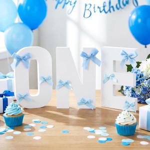 AceOrbit Blue Bow Wooden One Sign for 1st Birthday Baby Shower Photo Prop First Birthday Decoration Photo Prop Cake Smash Props Table Centerpiece for Girls Baby Shower Party Decor