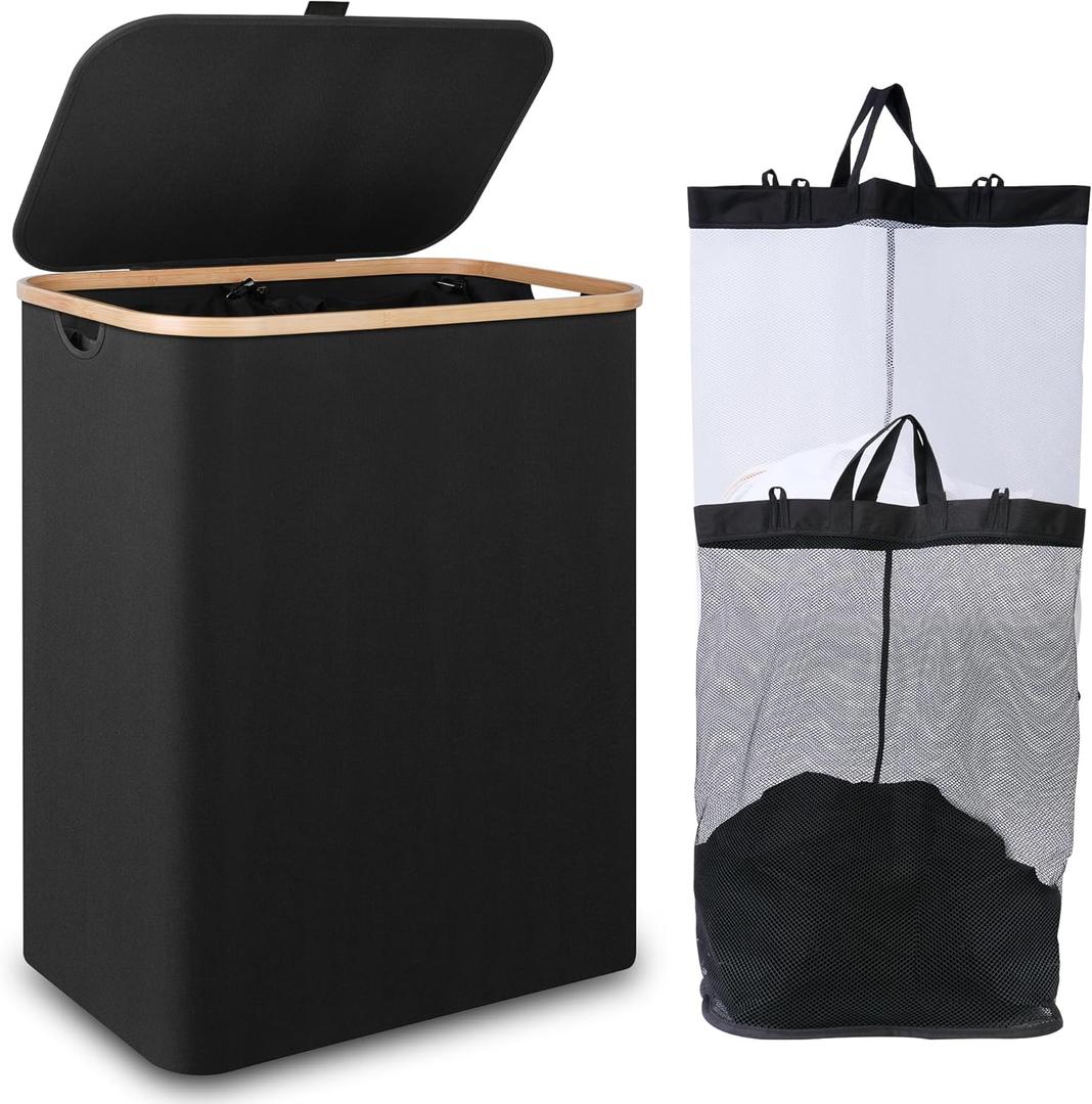 iEGrow 150L Laundry Basket with Lid,Large Laundry Hamper with Bamboo Handles, Hampers for Laundry, Dirty Clothes Hamper with 2 Removable Inner Bags for Clothes Toys Towels,Black