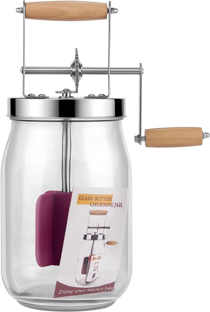 Butter Churn - Wooden Handle Shakes Stainless Steel Gear Manual Butter Maker, Butter Churner Hand Crank Mason Jar, Baking of Top Gadgets Butter Maker Cream Mixer (51oz)