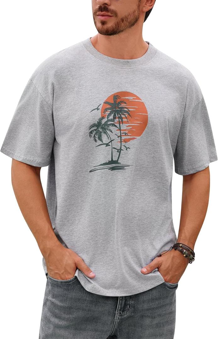 ODIZLI Mens Summer T-Shirts Short Sleeve Tropical Palm Trees Beach Island T-Shirt Crew Neck Basic Tee Shirts (X-Large, Gray)