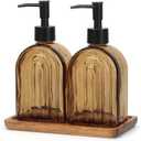 Glass Soap Dispenser Set with Wooden Tray, 13.5Oz Refillable Liquid Modern Soap Dispenser with Plastic Pump for Hand and Dish Set for Bathroom Countertop Decor (Dark Brown)