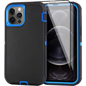 Case for iPhone 12 Pro Max Case 6.7" with 2 Screen Protector, Full Body Rugged Heavy Duty Military Grade Cover, Shockproof Drop-Proof Protection Durable Phone Case (Black Blue)