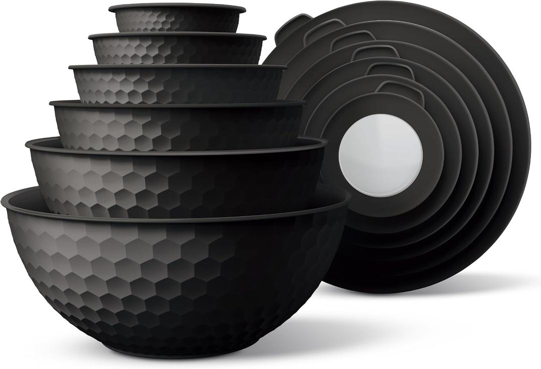 COOK WITH COLOR Mixing Bowls with Lids - 12 Piece Plastic Nesting Bowls Set includes 6 Prep Bowls and 6 Lids, Microwave Safe Mixing Bowl Set, Black Embossed