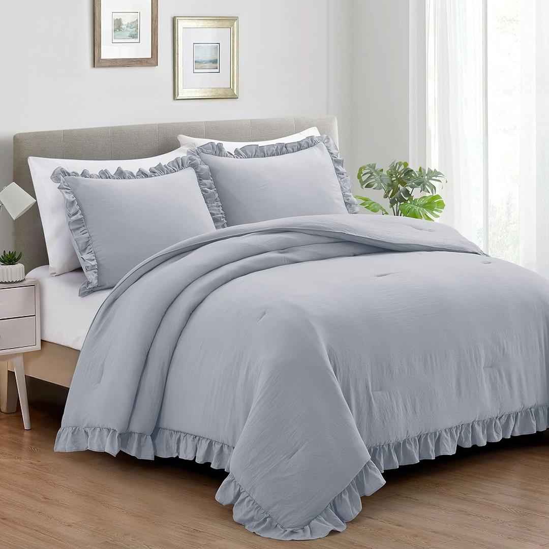 Bonlino Bedding Comforter Set Queen - 3 Pieces Farmhouse Comforter Ruffle Boho Bed Comforter, Fluffy Soft Lightweight Bedding Chic Rustic Country Style for Home Bedroom Dorm (King, Light Grey)