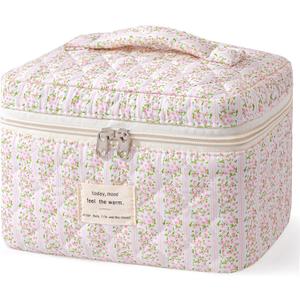 HBselect Large Quilted Makeup Bags for Women, Cute Cotton Travel Cosmetic Bags with Handle, Gifts for Bridesmaids, Portable Coquette Floral Make up Bag, Toiletry Cosmetic Bag