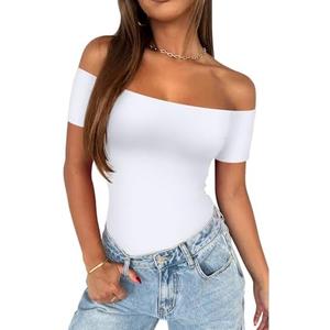 REORIA Women Sexy Off The Shoulder Short Sleeve Backless Basic Double Lined Thong Bodysuit Tops 2XL
