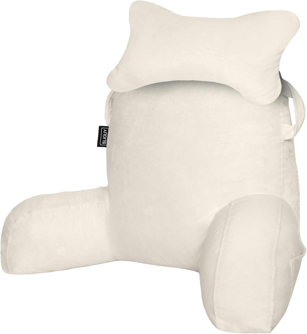 SLIGUY Reading Pillow for Sitting in Bed Couch Adult, Back Pillow with arm Support and Pockets, Adult Back Pillow Bed Chair for Bed Rest, Reading, Watching TV, Gaming for Boys and Girls Beige