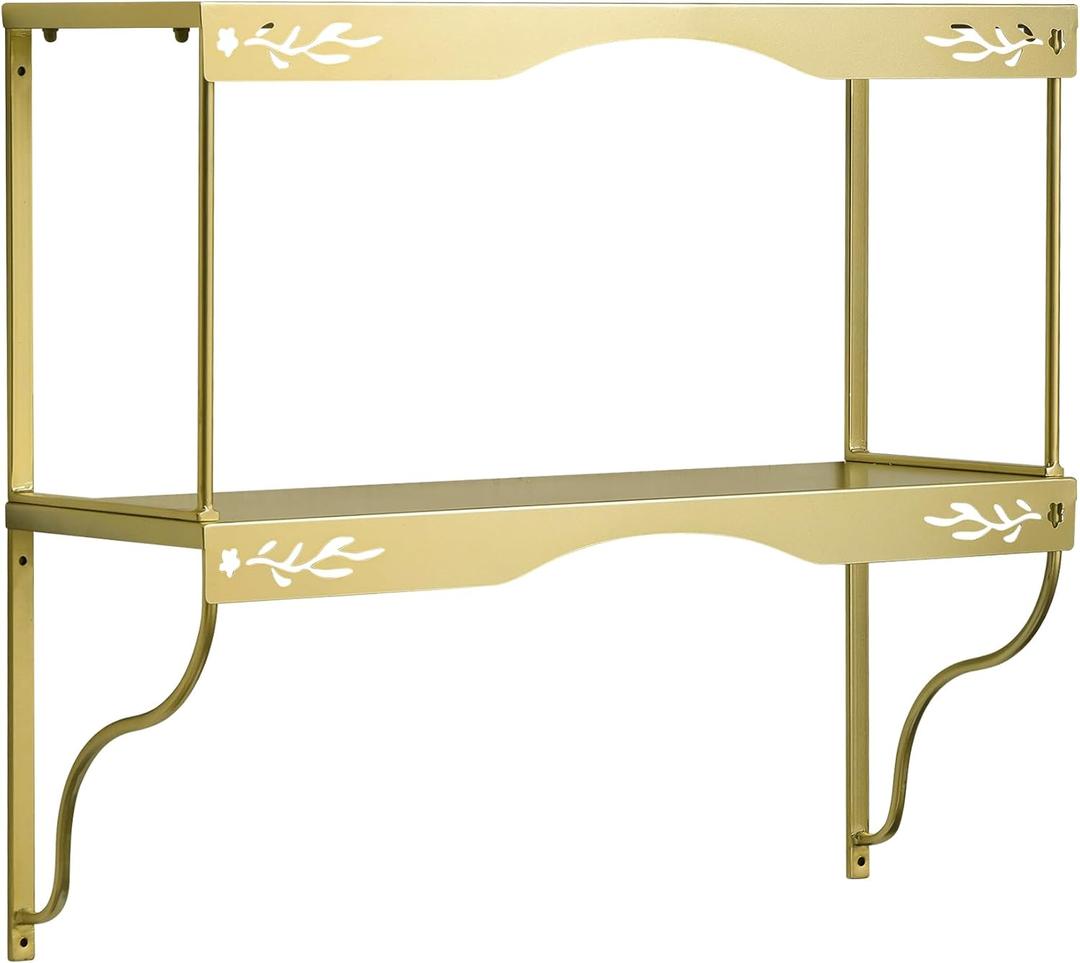 Elegant Gold Wall Shelf 2 Tier Decorative Metal Storage Floating Shelf with Openwork Floral Pattern, 20" x 24", 24.02" x 20.28"