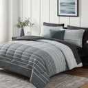 Monbix Queen Comforter Set - 7 Pieces Bed in a Bag Queen, Grey-Stripe Bedding Sets, All Seasons Comforter Bed Set with Sheets, Pillowcases & Shams