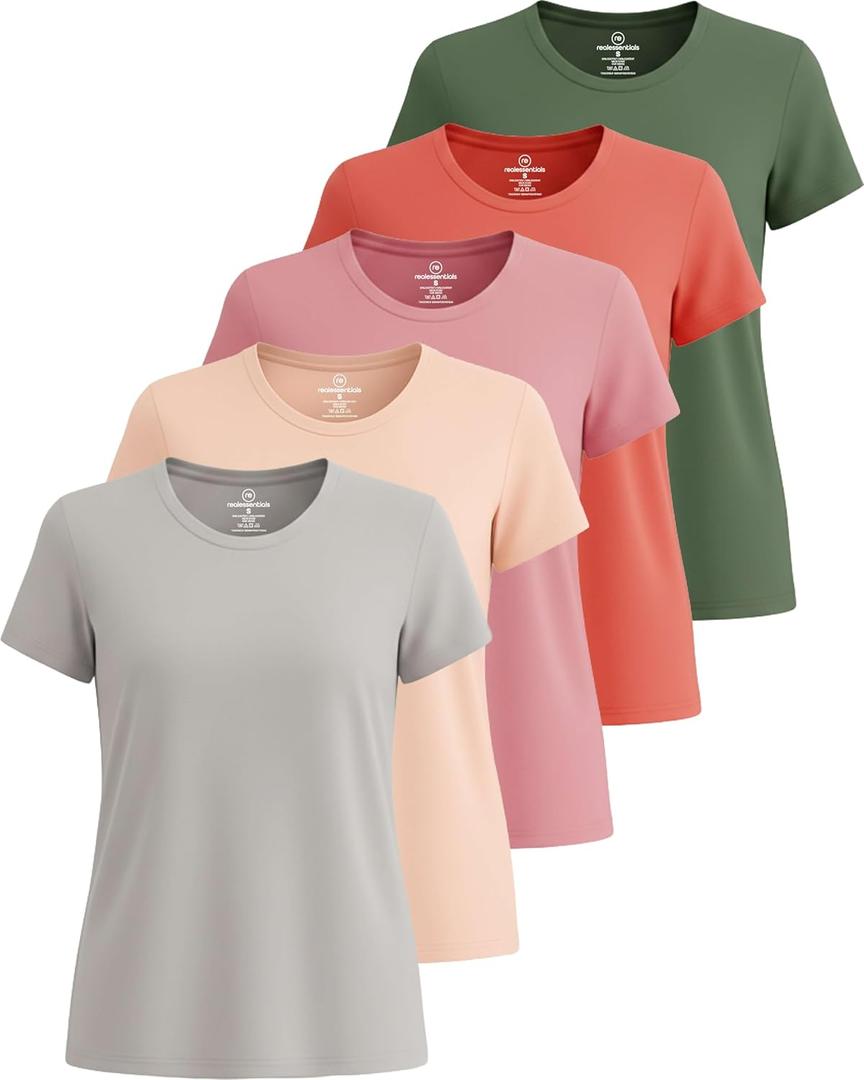 Real Essentials 5 Pack: Women's Short Sleeve T-Shirts Workout Tops Fitness Pilates Gym Activewear Athletic (L)