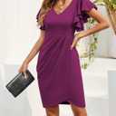 IHOT Women's V Neck Ruffle Sleeve Bodycon Sheath Wrap Ruched Casual Cocktail Party Work Dresses (Pink, L)