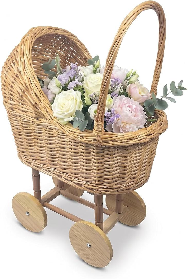 Large Wicker Carriage,Woven Rattan Stroller Shaped Flower Basket