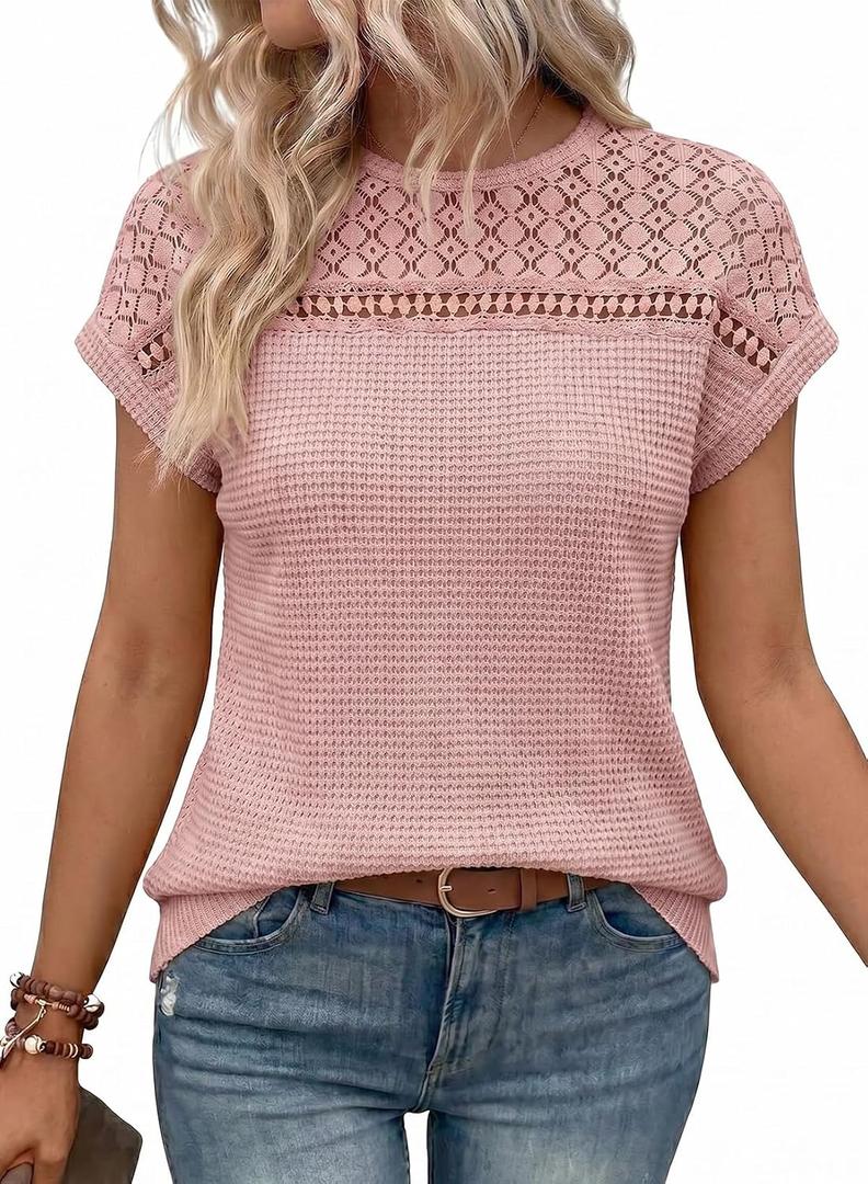 Dokotoo Women's Tops Casual Scoop Neck Short Sleeve Waffle Knit Hollow Out Shirts Loose Tunic Tops Blouses (Pink, XL)