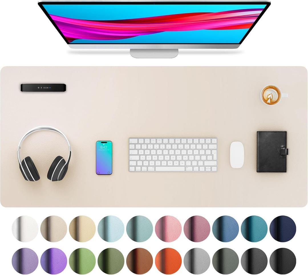 Aothia Large PU Leather Desk Pad Protector  Non-Slip Mouse Pad & Writing Mat for Office/Home, Waterproof, Easy to Clean (36" x 17", Eggshell)