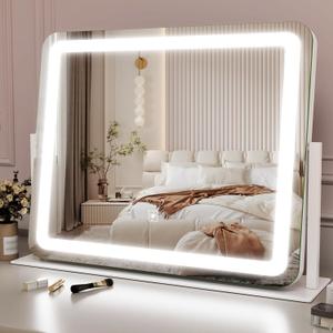 ROLOVE Large Vanity Mirror with Lights, 22"x17" Lighted Makeup Mirror for Desk, 3 Color Dimmable LED Lights, Smart Touch Control & 360 Rotation Tabletop Dresser Mirror (White)