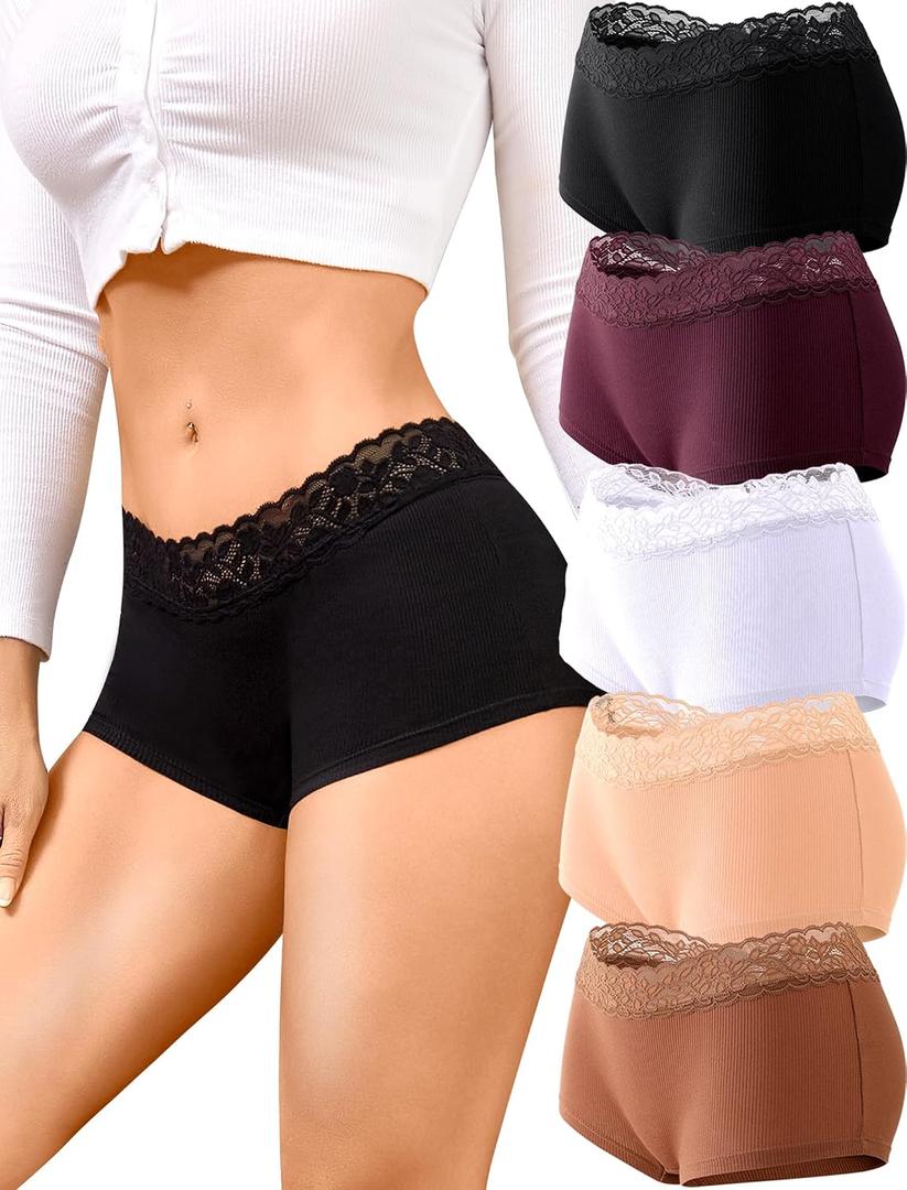 FINETOO Cotton Underwear for Women Boy Shorts Lace Boxer Briefs Soft Full Coverage Womens Panties 5 Pack M