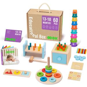 TOOKYLAND Montessori Toys for 1 Year Old, 8 in 1 Learning Educational Set Wooden Toys (Includes Stacking Cups, 3-in-1 Educational Box, Pound Bench, Shape Puzzle and More) (12-18m Educational Box)