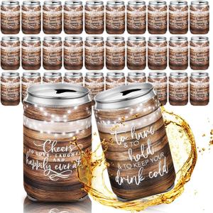 Qinyoung 50 Pieces Wood Grain Wedding Can Cooler Bulk Engagement Party Favors for Guests Cheers to Love and Happily Ever After Rehearsal Dinner Decorations for Wedding Bridal