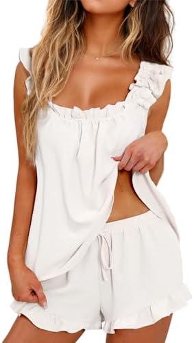 KFUBUO Womens Pajamas Set 2 Piece Ruffle Pj Soft Tank Top and Shorts Sleepwear Set Bridal Pajama for Women Set size L