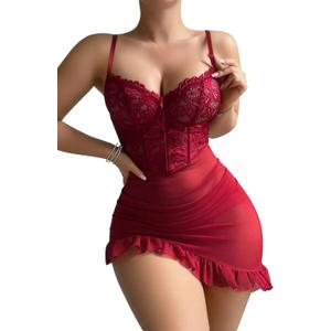 Foxiny Sexy Corset Bodycon Ruffle Sheer Underwire Mesh Lace Floral Outfits Babydoll Lingerie Set Dress with Thong 2 Piece (Red, L)