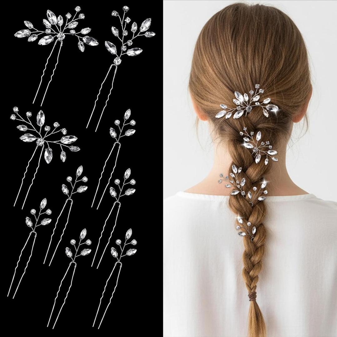 9 PCS Bride Wedding Hair Pins, Rhinstones Bride Hair Pins Bridal Crystal Hairs Accessories HairJewelry Wedding Silver HairPiece for Women Girls Brides Bridesmaids